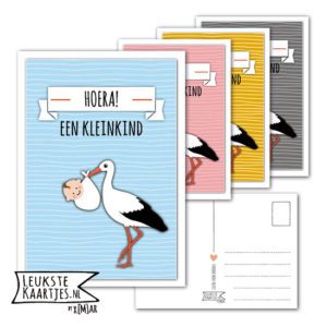 Kaart Baby - No: 12 (Hoera een Kleinkind-Ooievaar-streep-blauw/roze/geel/grijs)