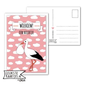 Kaart Baby - No: 14 (Woehoew een Nichtje-Ooievaar-wolk-roze/geel/grijs) - Afbeelding 2