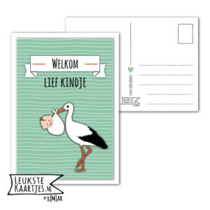 Kaart Baby - No: 08 (Welkom lief Kindje-Ooievaar-streep-groen)