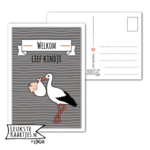 Kaart Baby - No: 11 (Welkom lief Kindje-Ooievaar-streep-grijs)
