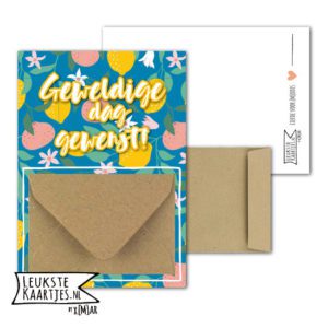 Geldkaart met mini Envelopje -> Felicitaties - No: 3-1 (Blauw met citroen en bloem-Geweldige dag)