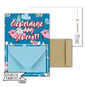 Geldkaart met mini Envelopje -> Felicitaties - No: 5-1 (Geweldige dag gewenst - Blauw met varkentje)