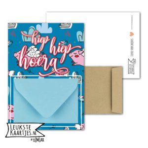 Geldkaart met mini Envelopje -> Felicitaties - No: 5-2 (Blauw met varkentje-Hoera)^