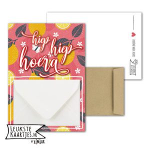 Geldkaart met mini Envelopje -> Felicitaties - No: 2-2 (Roze met citroenen-Hoera)