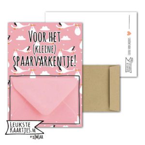 Geldkaart met mini Envelopje -> Baby - No:1-2 (Voor het (kleine) Spaarvarkentje - Ooievaar - Roze)