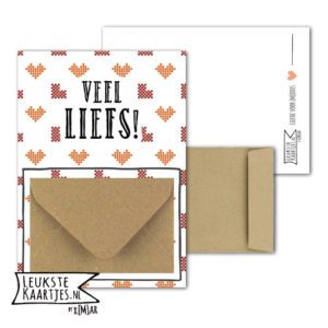 Geldkaart met mini Envelopje -> Veel Liefs - No: 07-2 (Harten blokjes klein-Oranje/rood)