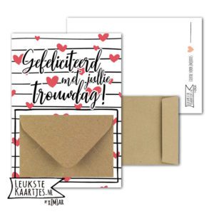 Geldkaart met mini Envelopje -> Trouwen - No: 10 (Gefeliciteerd met jullie trouwdag - Lijnen met roze harten, kraft)