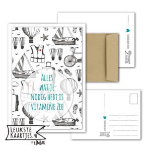 Kaart Strand & Zee -> Nr 06 (Vitamine Zee-Boot-Zwemvest-Zwart/Rood-hart)