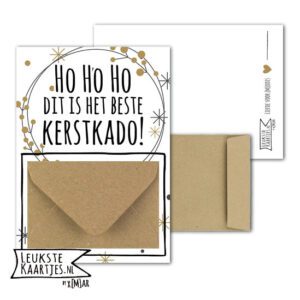 Geldkaart met mini Envelopje -> Kerst - No: 11 (Kerstkrans-Goudkleurig-HoHoHo Beste KerstKado)^