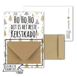 Geldkaart met mini Envelopje -> Kerst - No: 13 (Kerstboompjes-Goudkleurig/zwart-HoHoHo Beste KerstKado)^