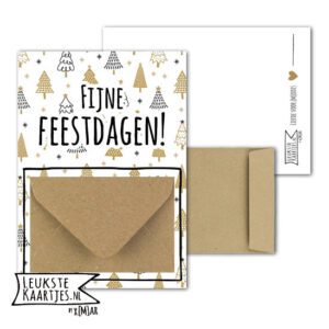 Geldkaart met mini Envelopje -> Kerst - No: 14 (Fijne Feestdagen - Kerstboompjes-goudkleurig/zwart)^