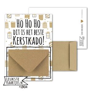 Geldkaart met mini Envelopje -> Kerst - No: 15 (Kadootjes-Goudkleurig/zwart-HoHoHo Beste KerstKado)^