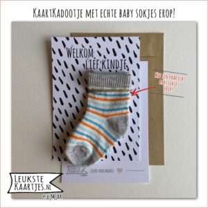 Kaartkadootje -> Baby sokjes - No:15 (Kindje-Drippels-zwart/wit-blauw-oranje)