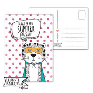 Kaart Verjaardag -> Nr 10 (Superdag-Tijger-Hero-roze dots)