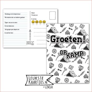 Kaart Op Kamp -> Kaarten Mee – No: 23 -3 /3 (Groeten! Op kamp - Tent-Vuurtje-Compas-Zwart/Wit)