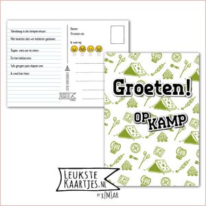 Kaart Op Kamp -> Kaarten Mee – No: 23 -1 /3 (Groeten! Op kamp - Tent-Vuurtje-Compas-Groen)