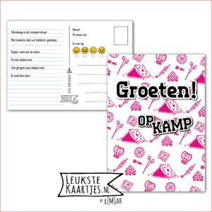 Kaart Op Kamp -> Kaarten Mee – No: 23 -2 /3 (Groeten! Op kamp - Tent-Vuurtje-Compas-Roze)