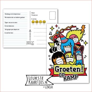 Kaart Op Kamp -> Kaarten Mee - No: 26 /3 (Groeten! Op kamp - Cartoon-Mensen-Mondkapje)