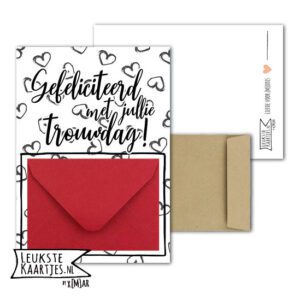 Geldkaart met mini Envelopje -> Trouwen - No: 04-2 (Gefeliciteerd met jullie trouwdag - Zwart/witte open Harten, Rood)