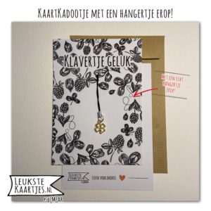 Kaartkadootje -> Hangertje Klavertje - No:05 (Klavertje Geluk - Klavers bloemen zwart/wit - Goudkleurig klavertje vier)^