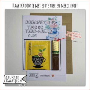 Kaartkadootje -> Thee & Merci - No:04 (Thee gekke tijd JUF-Clipper Geel-Kopjes blauw met bloemen)^