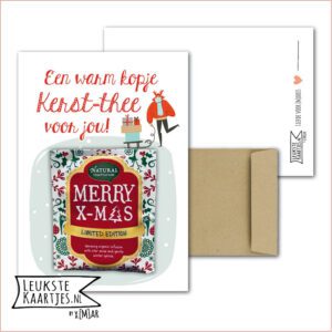 Kaartkadootje -> Thee - Kerst - No:03 (Groen vlak met mens met slee kadootjes-Warm kopje Kerst-thee voor jou)