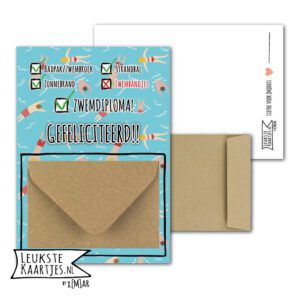 Geldkaart met mini Envelopje -> Zwemdiploma - No: 1 (Gefeliciteerd - Checklist zwemmen, zwemmende mensen)