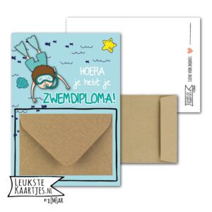 Geldkaart met mini Envelopje -> Zwemdiploma - No: 7 (Hoera! Duikend jongetje, blauw, water, zee)