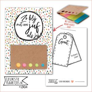 Kaartkadootje -> Memo-blokje - Schooljaar - No:11 (Zo blij met een JUF als jij! - Dots Gekleurd)^