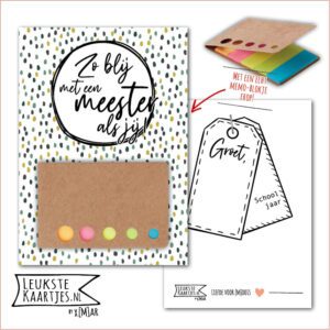 Kaartkadootje -> Memo-blokje - Schooljaar - No:14 (Zo blij met een MEESTER als jij! - Dots Groen/Blauw)^