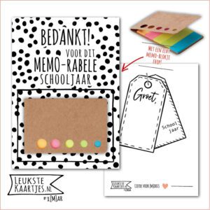 Kaartkadootje -> Memo-blokje - Schooljaar - No:04 (Bedankt voor Memorabele schooljaar - Dots groot - Zwart/wit)^