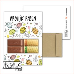 Kaartkadootje -> Merci Chocolade reepjes - No:12 (Vrolijk Pasen - Wit, Stroken gekleurde paaseieren)^