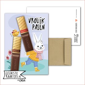 Kaartkadootje -> Merci Chocolade reepjes - No:13 (Vrolijk Pasen - Paashaas tilt Merci en kuiken)^