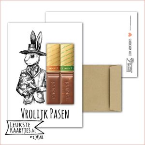 Kaartkadootje -> Merci Chocolade reepjes - No:06 (Vrolijk Pasen - Paashaas zwart/wit)^