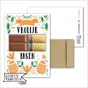 Kaartkadootje -> Merci Chocolade reepjes - No:08 (Vrolijk Pasen - Frame oranje groen)