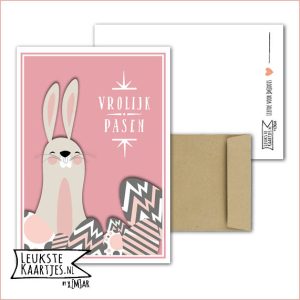 Kaart -> Pasen - No:13 (Vrolijk Pasen - Konijn roze grijs)