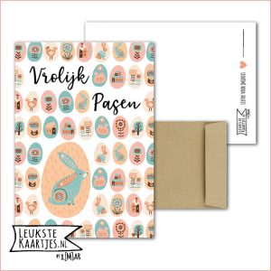 Kaart -> Pasen - No:05 (Vrolijk Pasen - Paaseieren op rij met groot ei met haas)