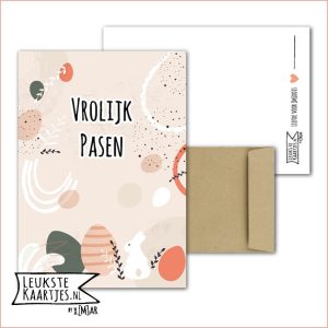Kaart -> Pasen - No:06 (Vrolijk Pasen - Paaseieren met strepen en wit haasje)