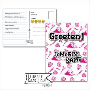 Kaart Op Kamp -> JoMeGiNi No: 23-2 /3-12 (Groeten! JoMeGiNi kamp - Tent-Vuurtje-Kompas-Roze)