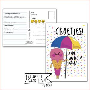 Kaart Op Kamp -> JoMeGiNi No: 67 /6-10 (Groetjes! Van kamp – Gekleurde hageltjes, IJsje met parasol)