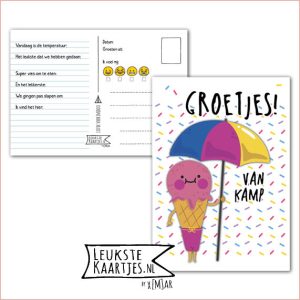Kaart Op Kamp -> Kaarten Mee – No: 52 /6 (Groetjes! Van kamp – Gekleurde hageltjes, IJsje met parasol)