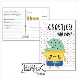 Kaart Op Kamp -> Kaarten Mee – No: 53 /6 (Groetjes! Van kamp – Gekleurde hageltjes, Bekertje ijs)