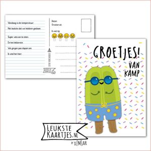 Kaart Op Kamp -> Kaarten Mee – No: 54 /6 (Groetjes! Van kamp – Gekleurde hageltjes, Dubbellikker ijsje)