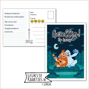 Kaart Op Kamp -> Kaarten Mee – No: 61 /6 (Gezellig! Op kamp – Vrienden Yeti en Aap gitaar en selfie in bos)