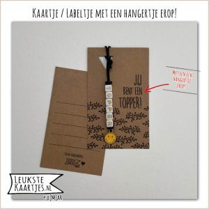 Labeltje -> Topper - No:03 (Hanger Gele Smiley - Jij bent een TOPPER! - Takjes blaadjes - Zwart-Kraft/Karton)
