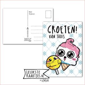 Kaart Op Kamp -> Thuisblijvers No: 25 /3 (Groeten! Van thuis – IJsjes Kawaii met grote ogen, roze en geel)