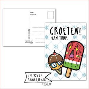 Kaart Op Kamp -> Thuisblijvers No: 26 /3 (Groeten! Van thuis – IJsjes Kawaii met grote ogen, rood en bruin)