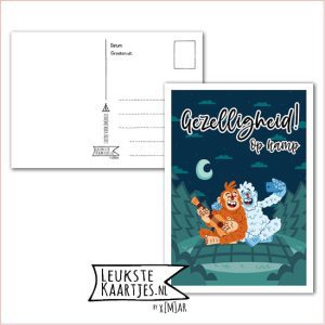 Kaart Op Kamp -> Thuisblijvers No: 37 /3 (Gezelligheid! Op kamp – Vrienden Yeti en Aap gitaar en selfie in bos)