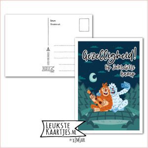 Kaart Op Kamp -> JoMeGiNi - Thuisblijvers No: 37 /3-19 (Gezelligheid! Op kamp - Vrienden Yeti en Aap gitaar en selfie in bos)