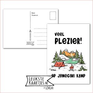 Kaart Op Kamp -> JoMeGiNi - Thuisblijvers No: 38 /3-20 (Veel plezier! Op kamp - Tent, bomen, kampvuurtje, wit)